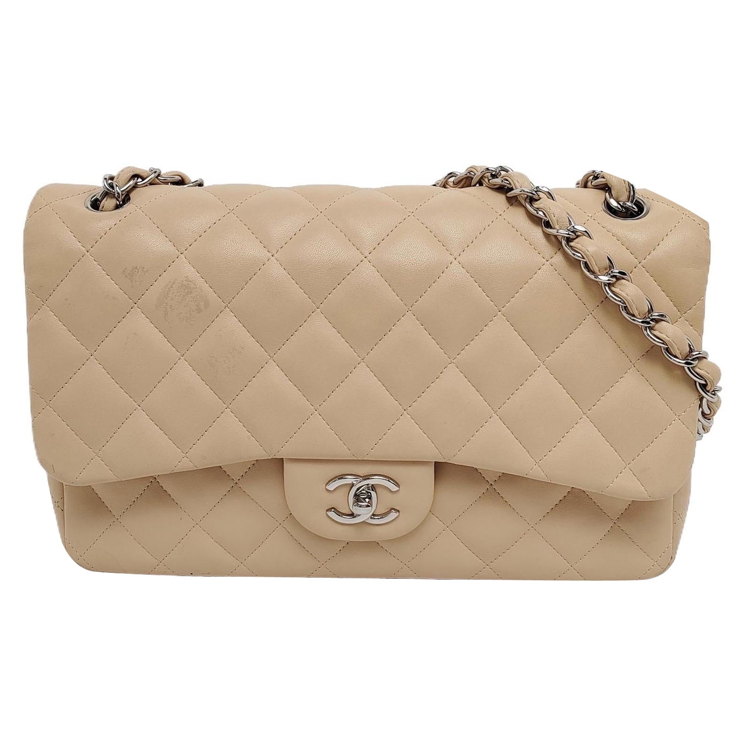 Chanel Classic Flap Jumbo Beige Lambskin Leather Single Flap with Silver Hardwar