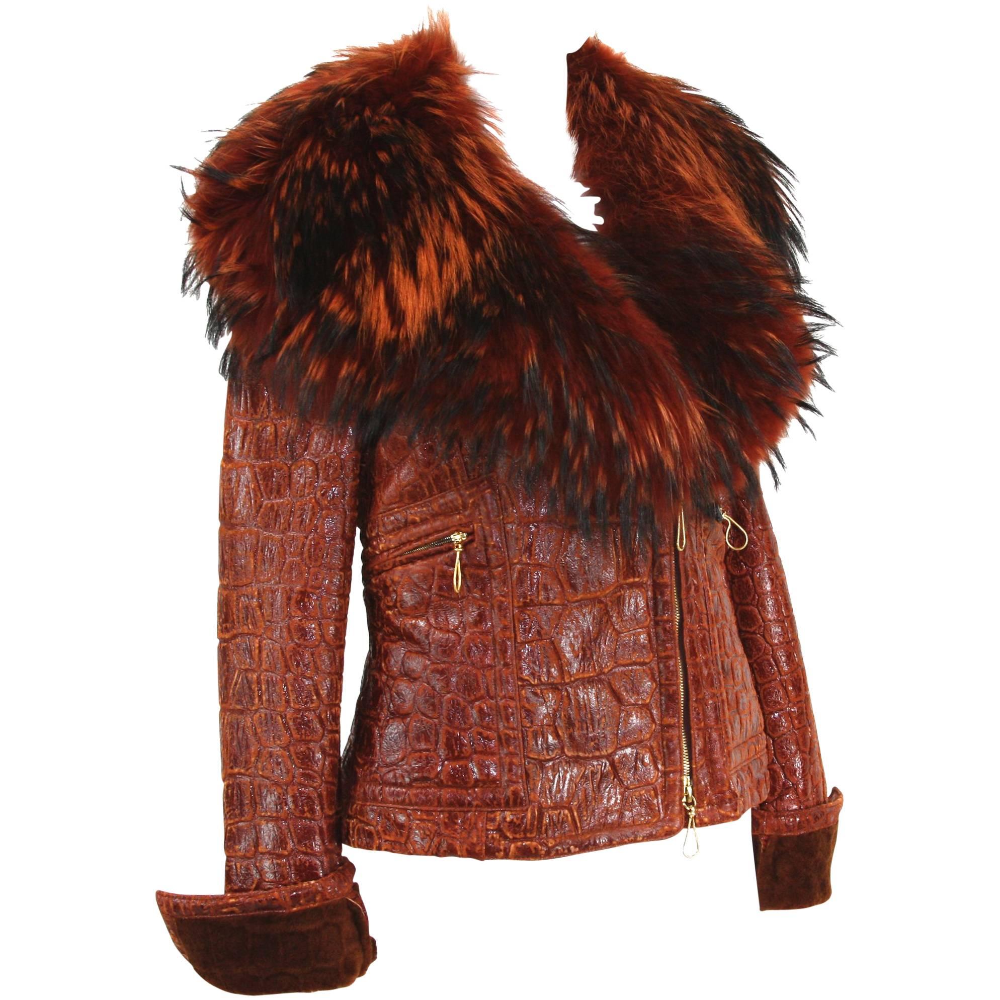 New Iconic Gianfranco Ferre 1993 Croc Embossed Shearling Lamb Cognac Fur Jacket For Sale