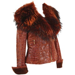 Retro New Iconic Gianfranco Ferre 1993 Croc Embossed Shearling Lamb Cognac Fur Jacket