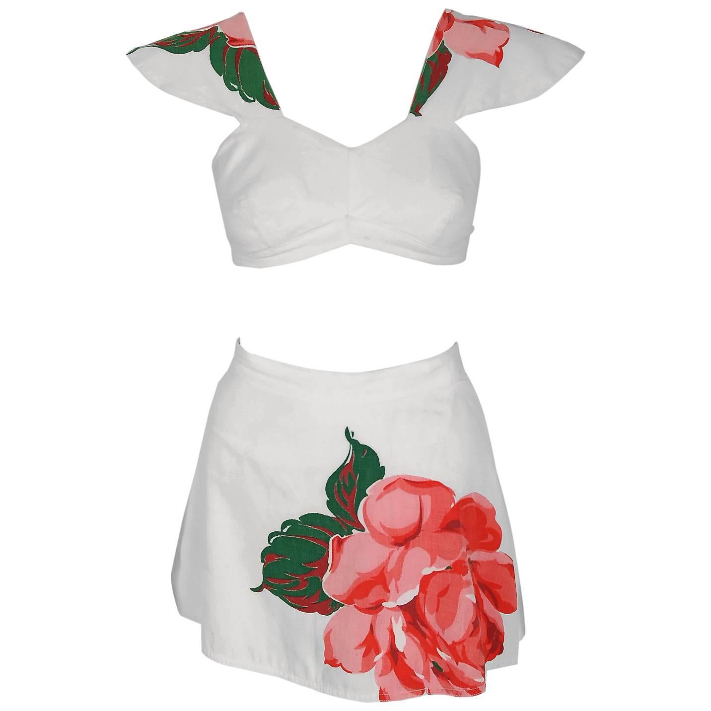 1948 Catalina Documented Pink Roses Cotton Flutter-Sleeve Swimsuit Playsuit