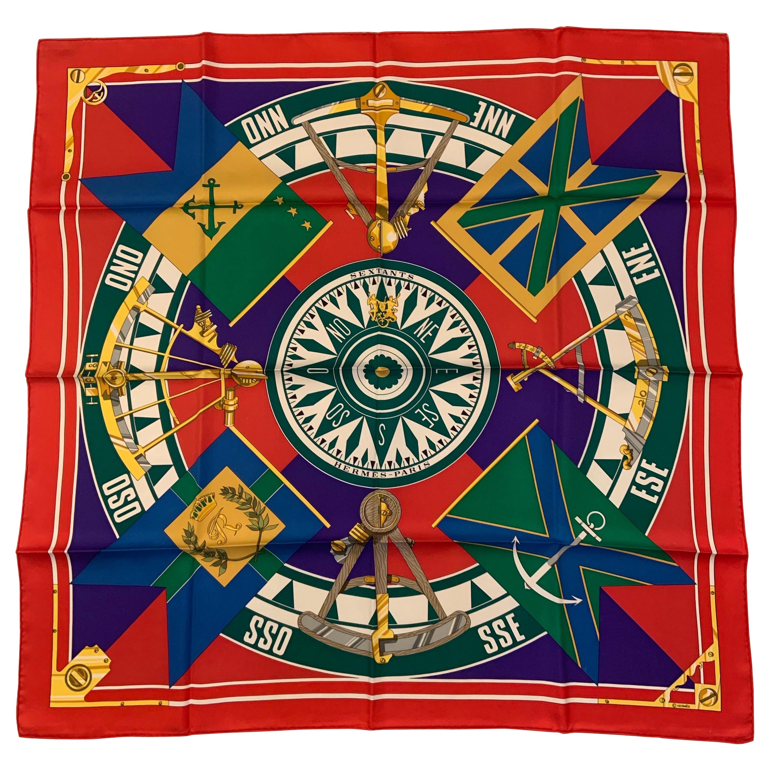 Hermes Late 20th Century Sextants Nautical Design Silk Scarf and Original Box