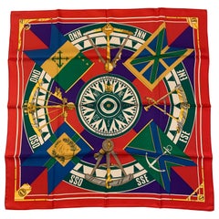 Hermes Late 20th Century Sextants Nautical Design Silk Scarf and Original Box