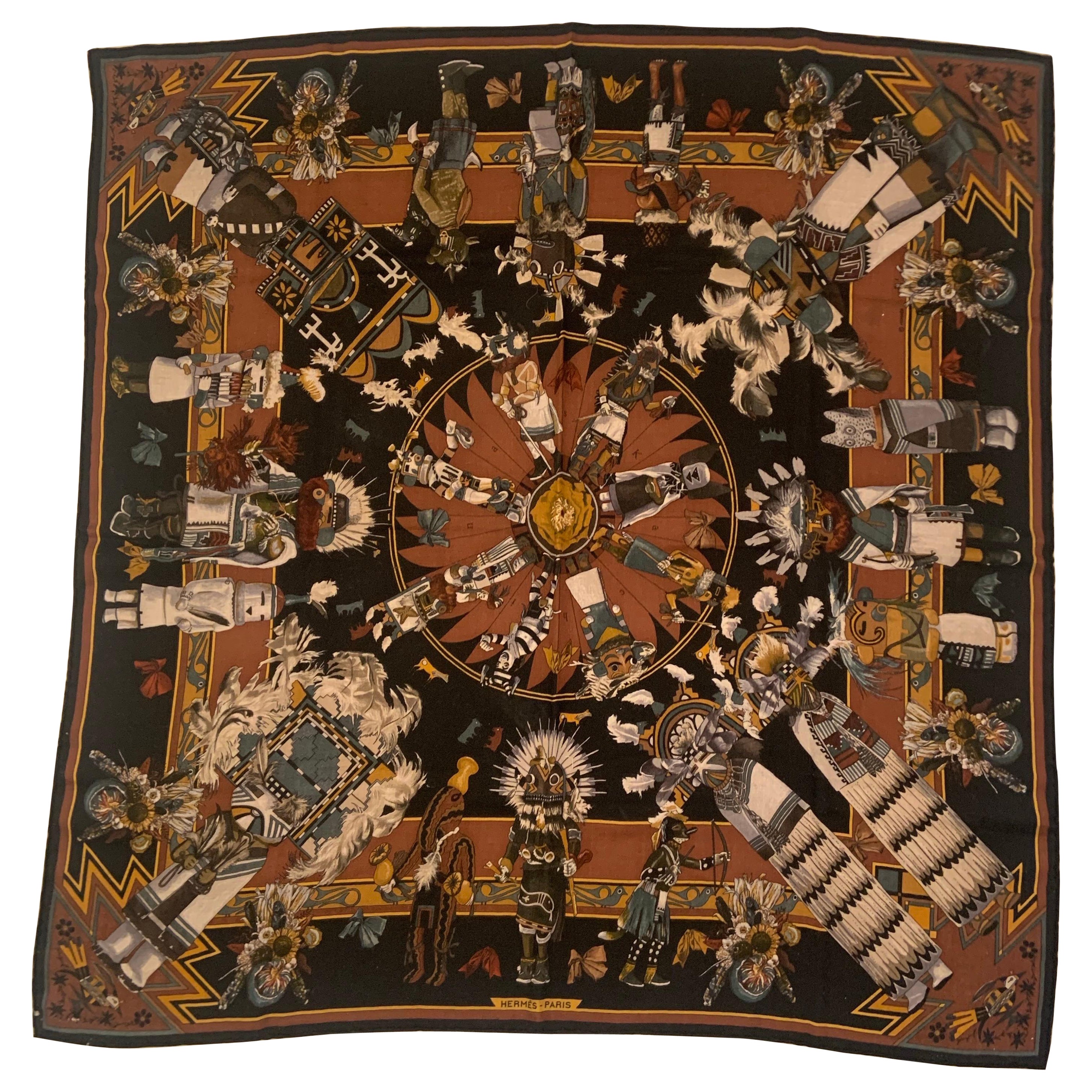 Hermes Black and Brown Cashmere Scarf Kachinas Pattern with Original Hermes Box