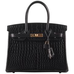 Hermès - Sac Birkin 30 cm en crocodile noir mat Porosus avec quincaillerie dorée