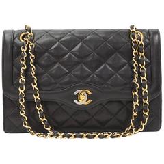 Vintage Chanel 2.55 10" Double Flap Black Quilted Leather Paris Limited Bag