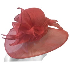 Red Wide Brim Couture Straw Hat w Round Crown and Exuberant Straw Flourishes