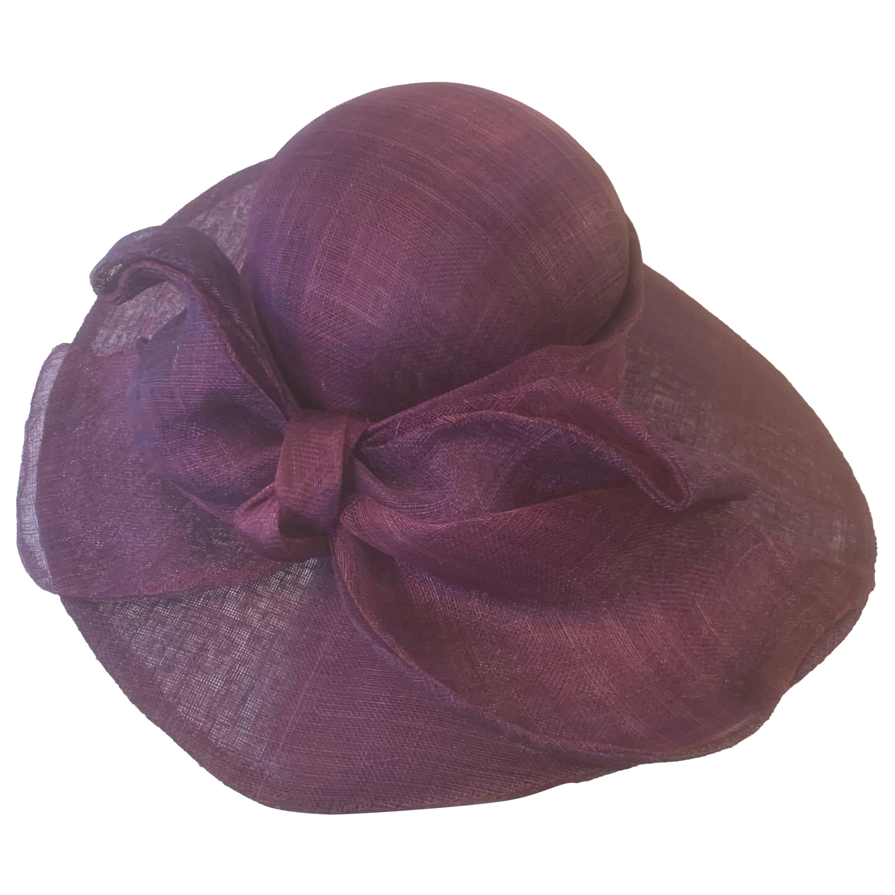 Aubergine Purple Wide Brim Couture Straw Hat w Round Crown and Large Bow at Back For Sale