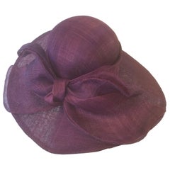 Aubergine Purple Wide Brim Couture Straw Hat w Round Crown and Large Bow at Back