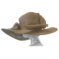 Khaki Wide Brim Couture Straw Hat w Round Crown and Large Draped Hat Band