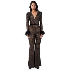 Nadine Merabi Black Sequin Feather Trim Jumpsuit Size S