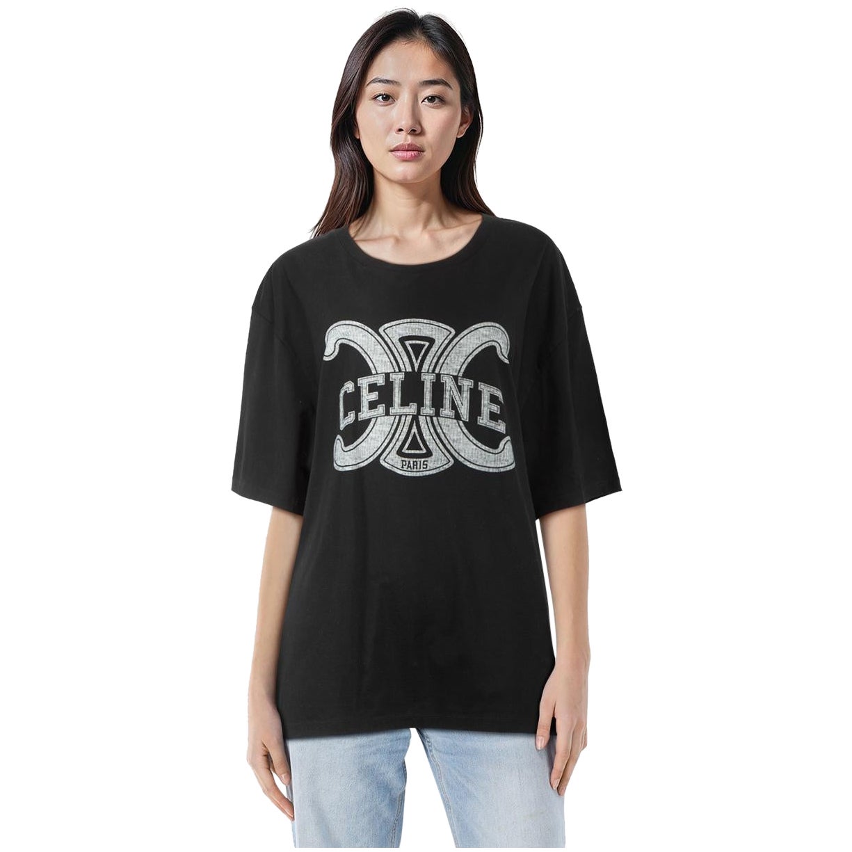 Céline Black Logo Print Oversized T Shirt Size M.
