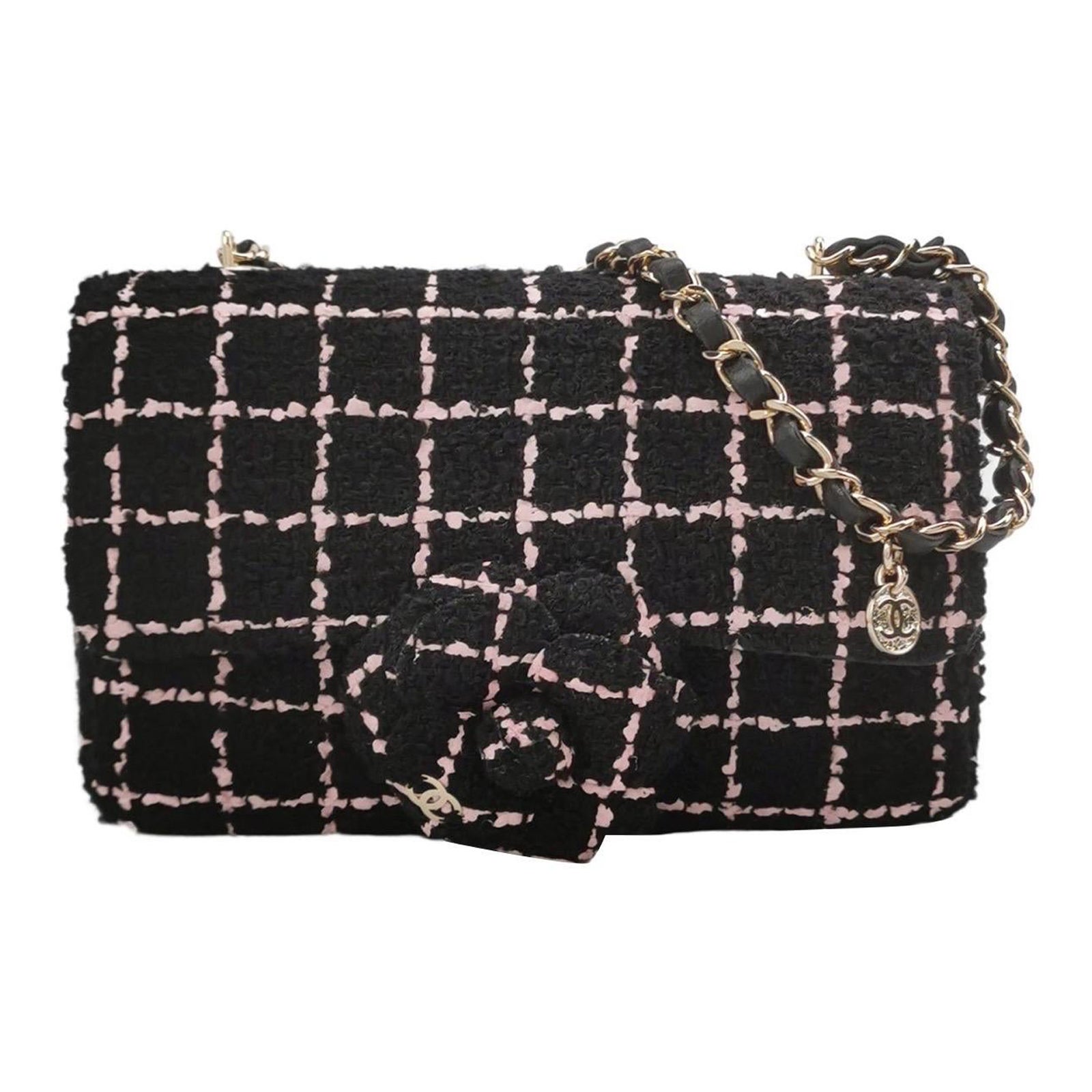 Chanel Tweed Flap Bag Small Black Pink Camellia Single Chain Crossbody