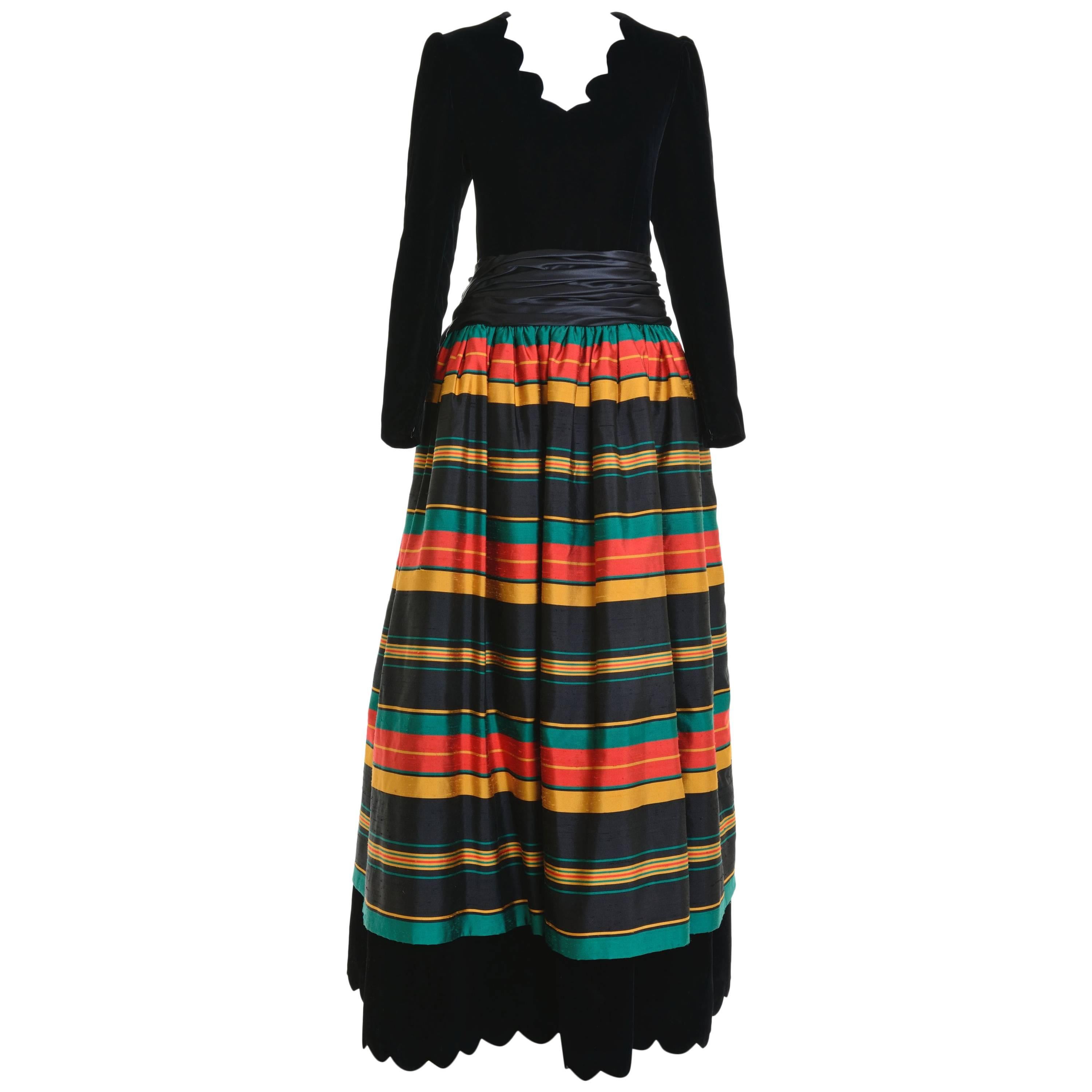 1980s Italian Couture Velvet Silk Striped Long Dress For Sale