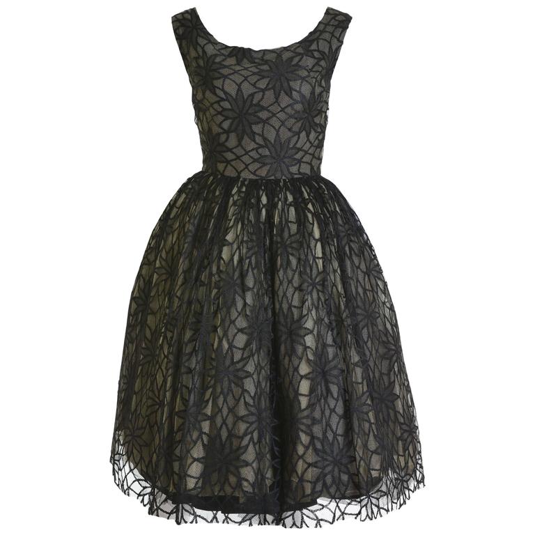 1950s Vintage Black Lace Cocktail Dress For Sale at 1stdibs