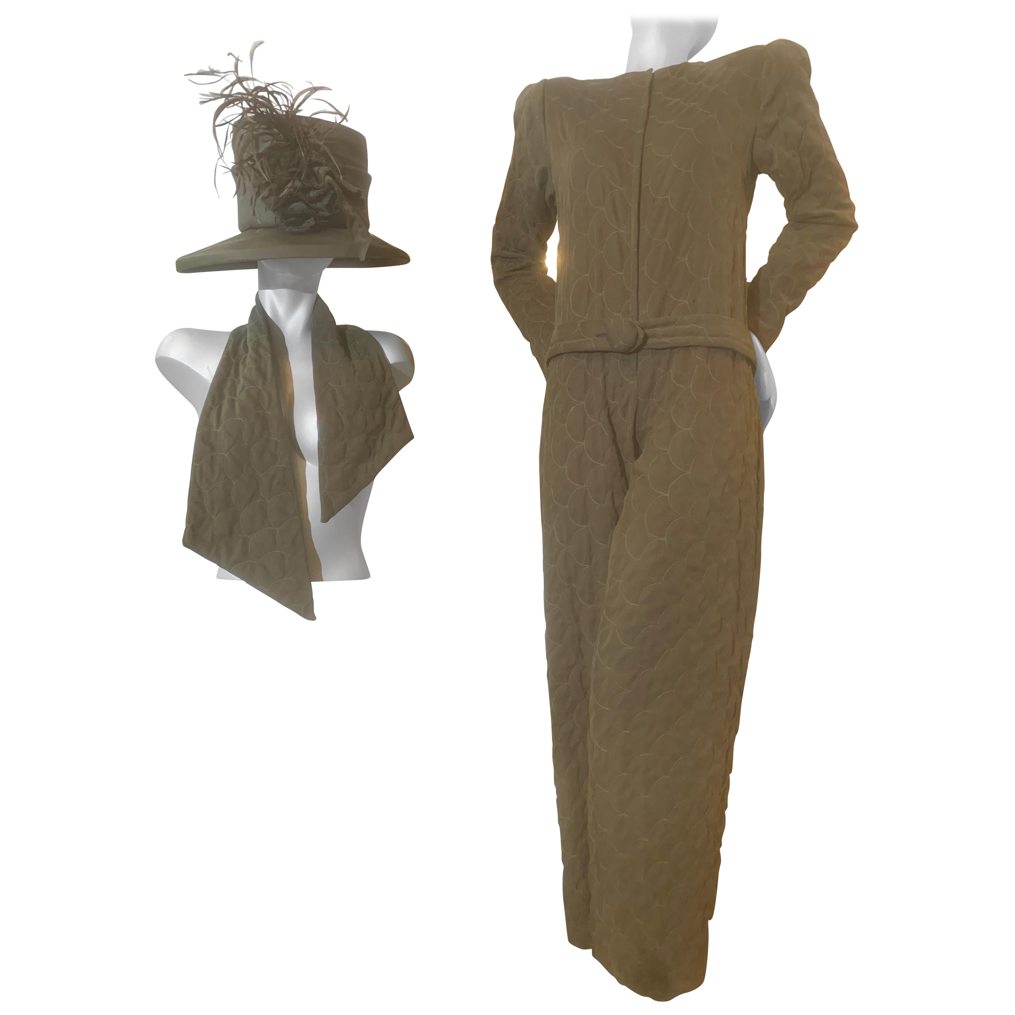 Custom-Tailored Olive Green Ultra-Suede Jumpsuit w Matching Hat & Scarf For Sale