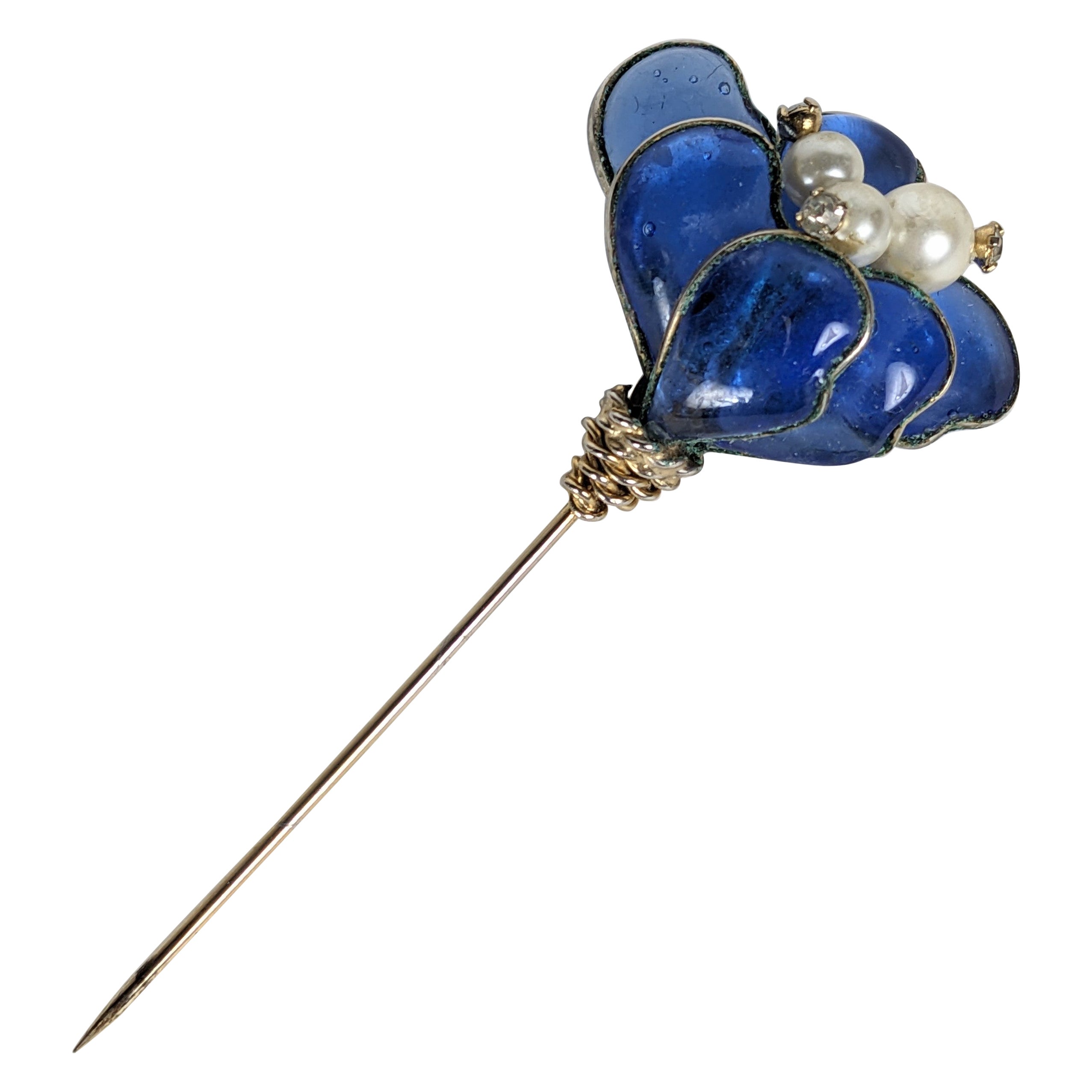 Hattie Carnegie Sapphire Poured Glass Floral Stick Pin, Gripoix