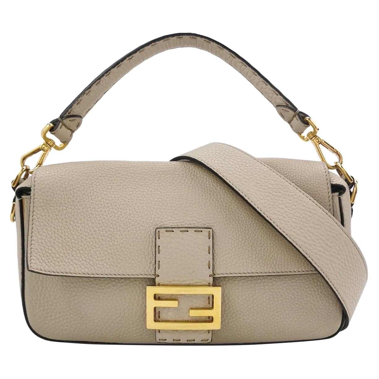 Fendi Baguette Selleria  Croix intérieure verte et blanche de taille moyenne en cuir de veau gris