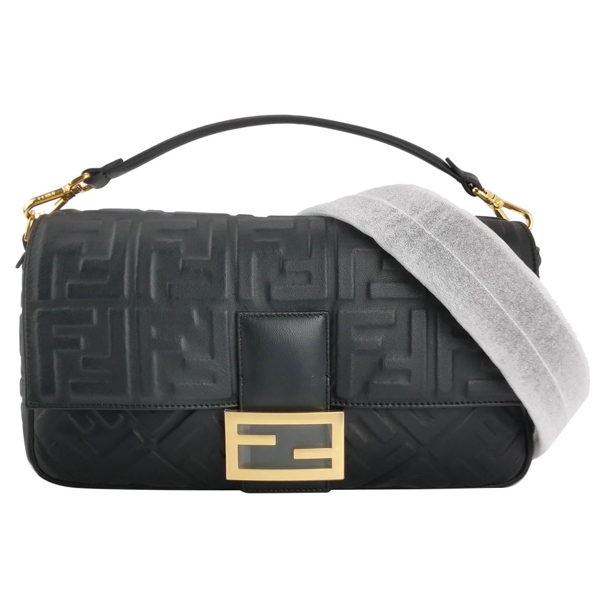Fendi Baguette Black Leather 3D FF Motif Crossbody Bag Large