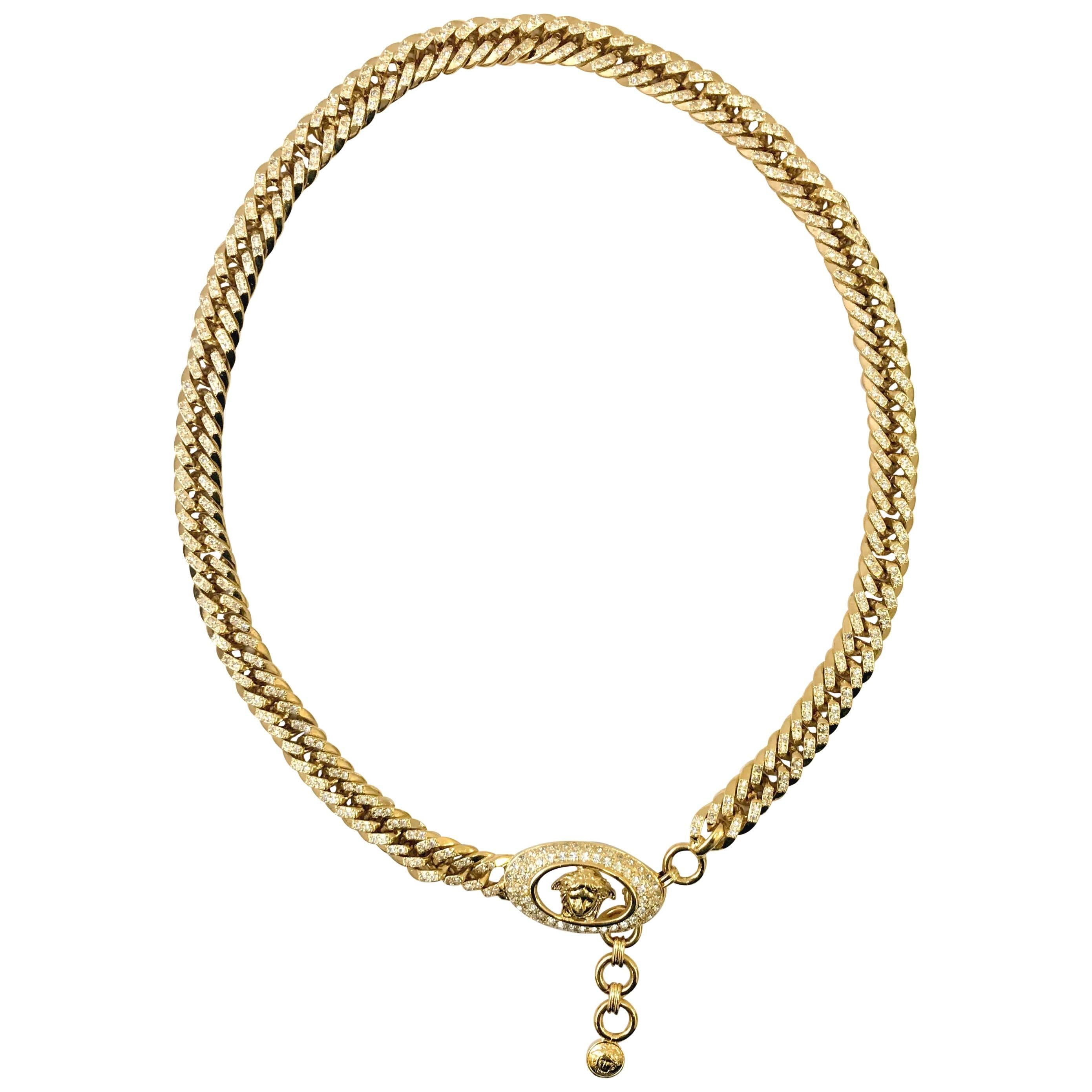 1990s Gianni Versace curb chain medusa head belt with rhinestones