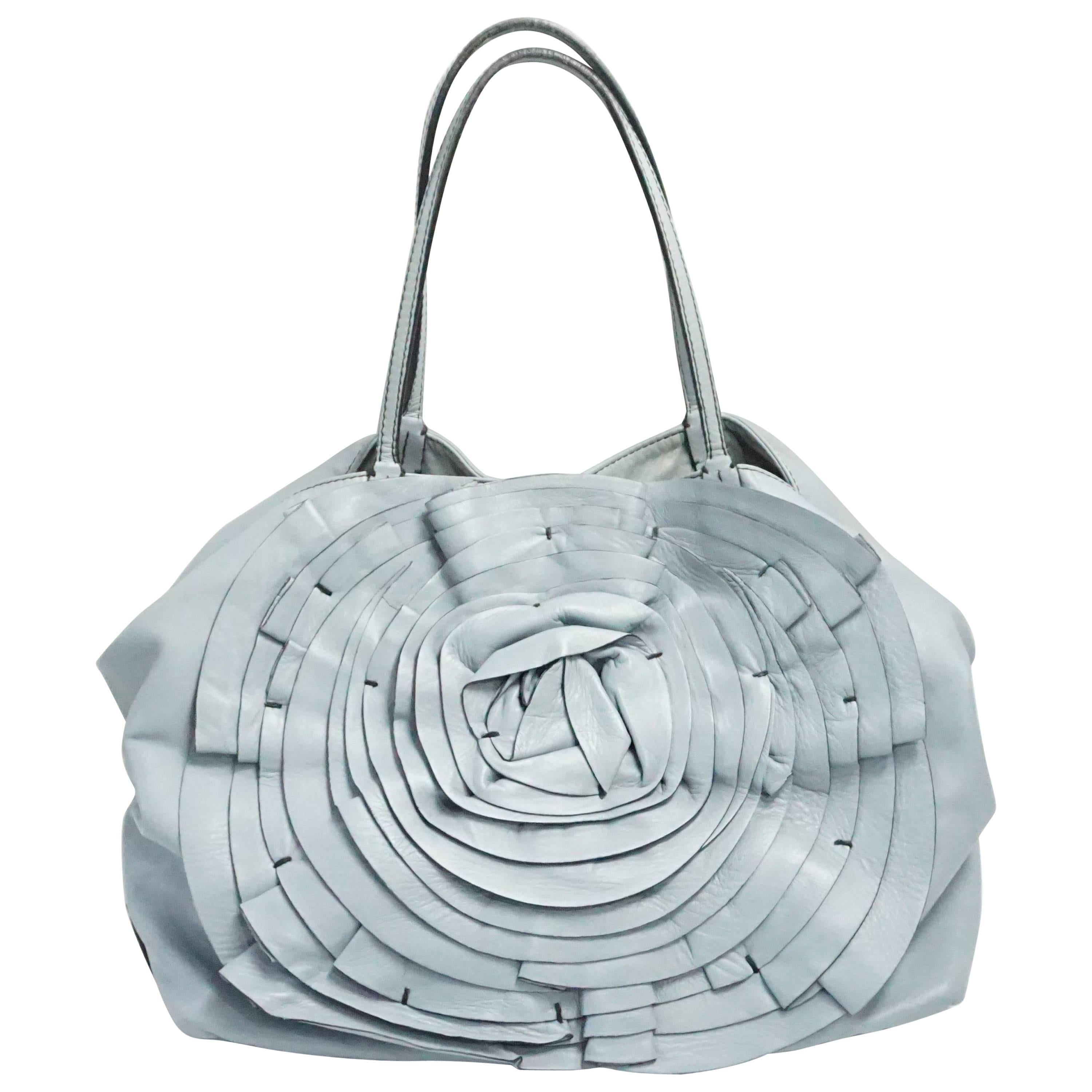 Valentino Pale Blue Large Leather Petale Rose Tote For Sale