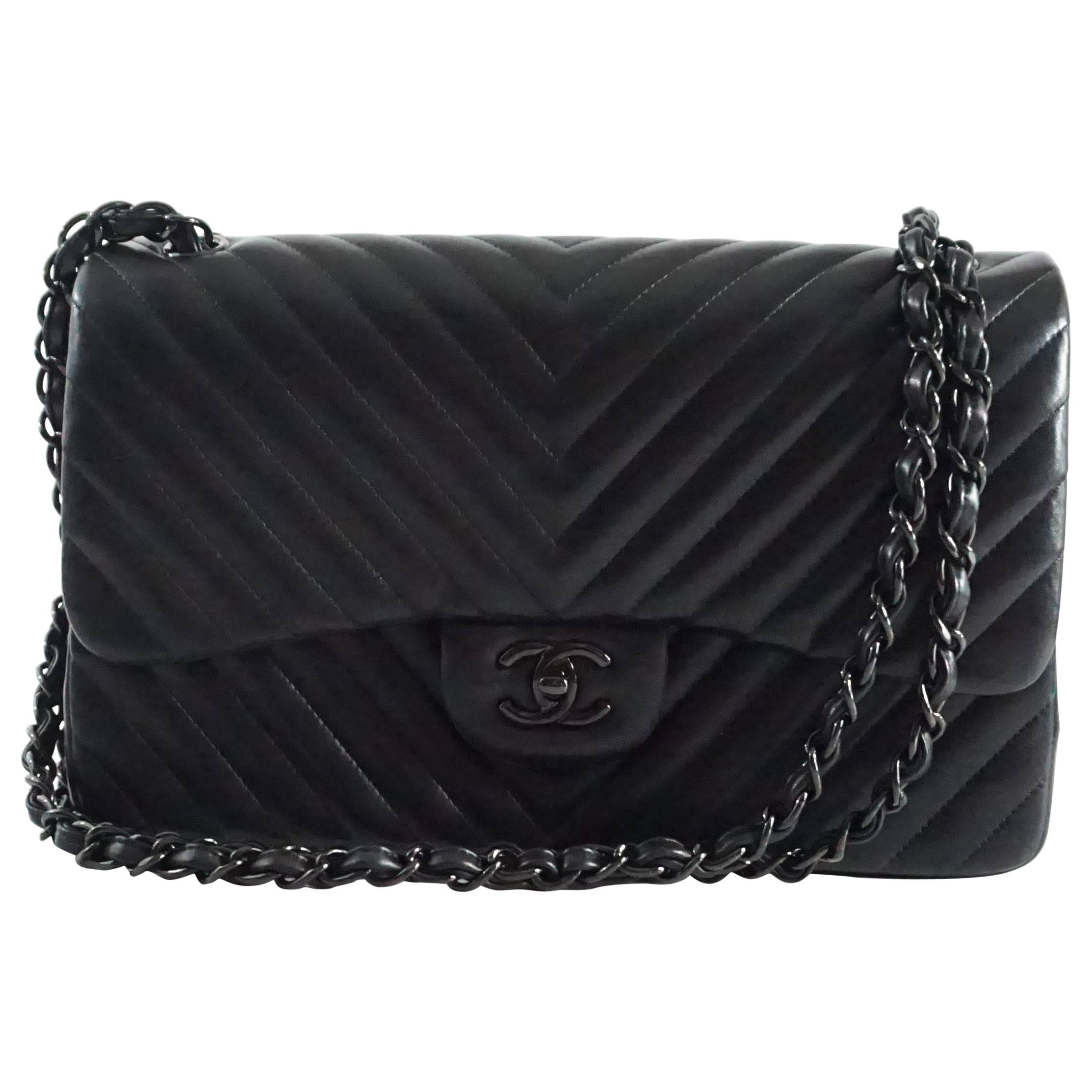 Chanel New Limited Edition So Black Chevon Jumbo Double Flap Bag - 2015/2016