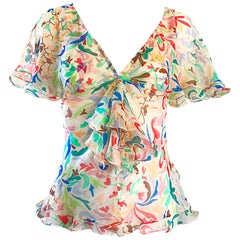 1990 Missoni Vintage Seta Chiffon Vortice Cuore Stampa Flutter Ruffle Camicetta Top