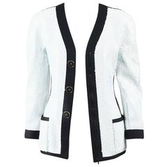 Vintage Chanel White Sequin Embellished Black Grosgrain Button Scuba Jacket