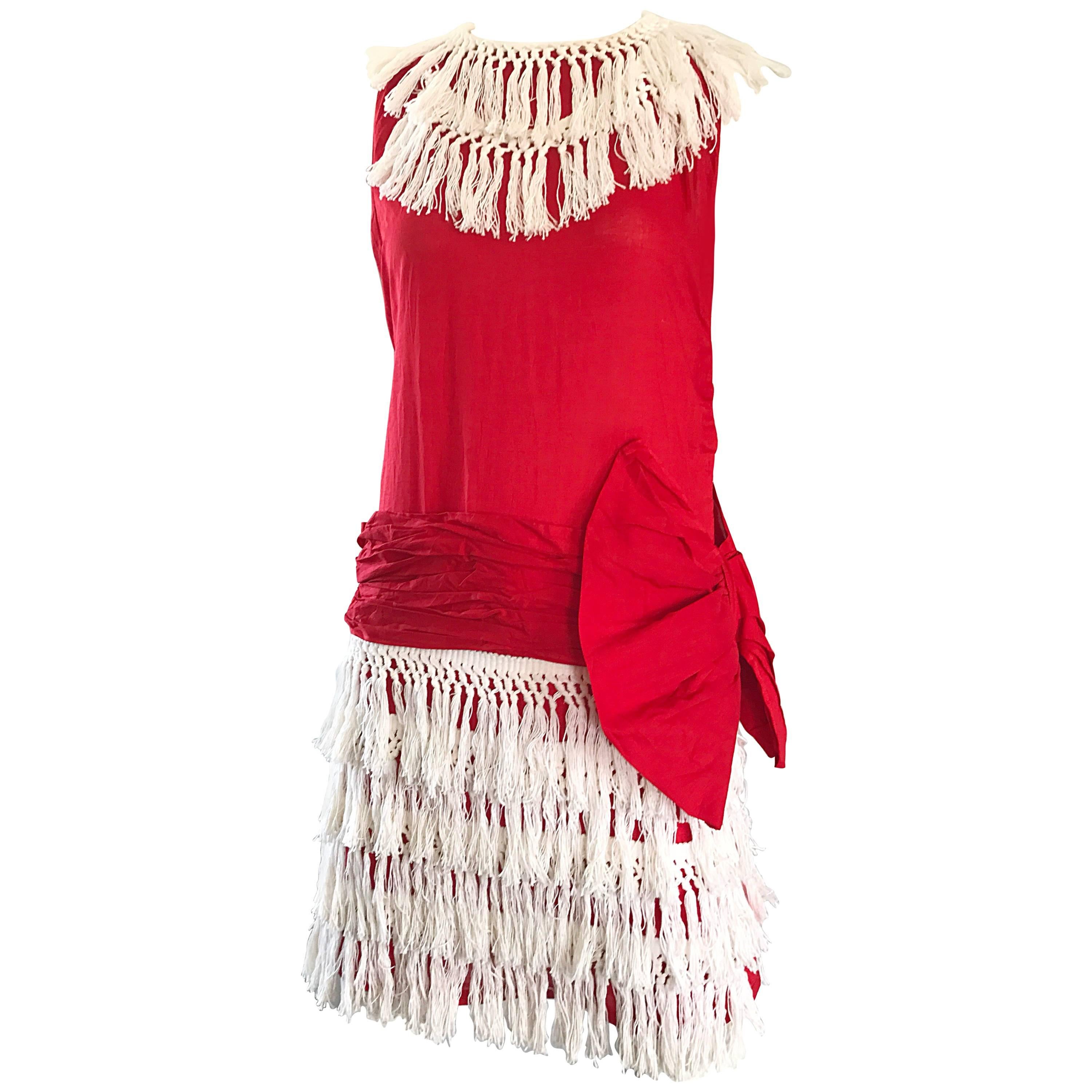 Rare 1960s Does 1920 Red + White Fringe Cotton Drop Waist Flapper 20s Dress