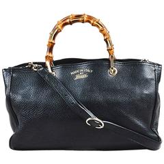 Gucci Black Pebbled Leather Top Handle "Exclusive Bamboo Shopper" Bag