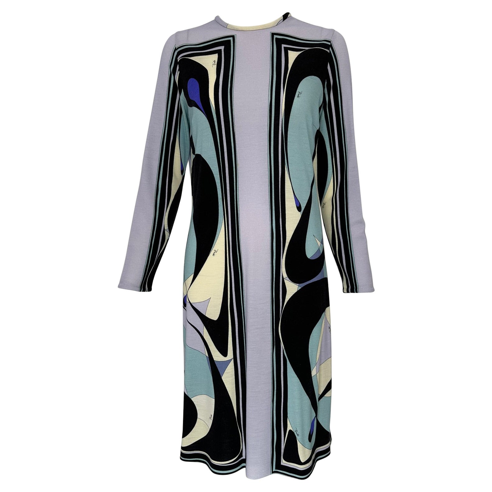 Robe à manches longues et col rond en jersey de laine légère au design géométrique Pucci, 40 en vente