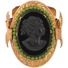 VICTORIAN REVIVAL c.1930's Black Glass Cameo Bronze Floral Carved Link Bracelet 12