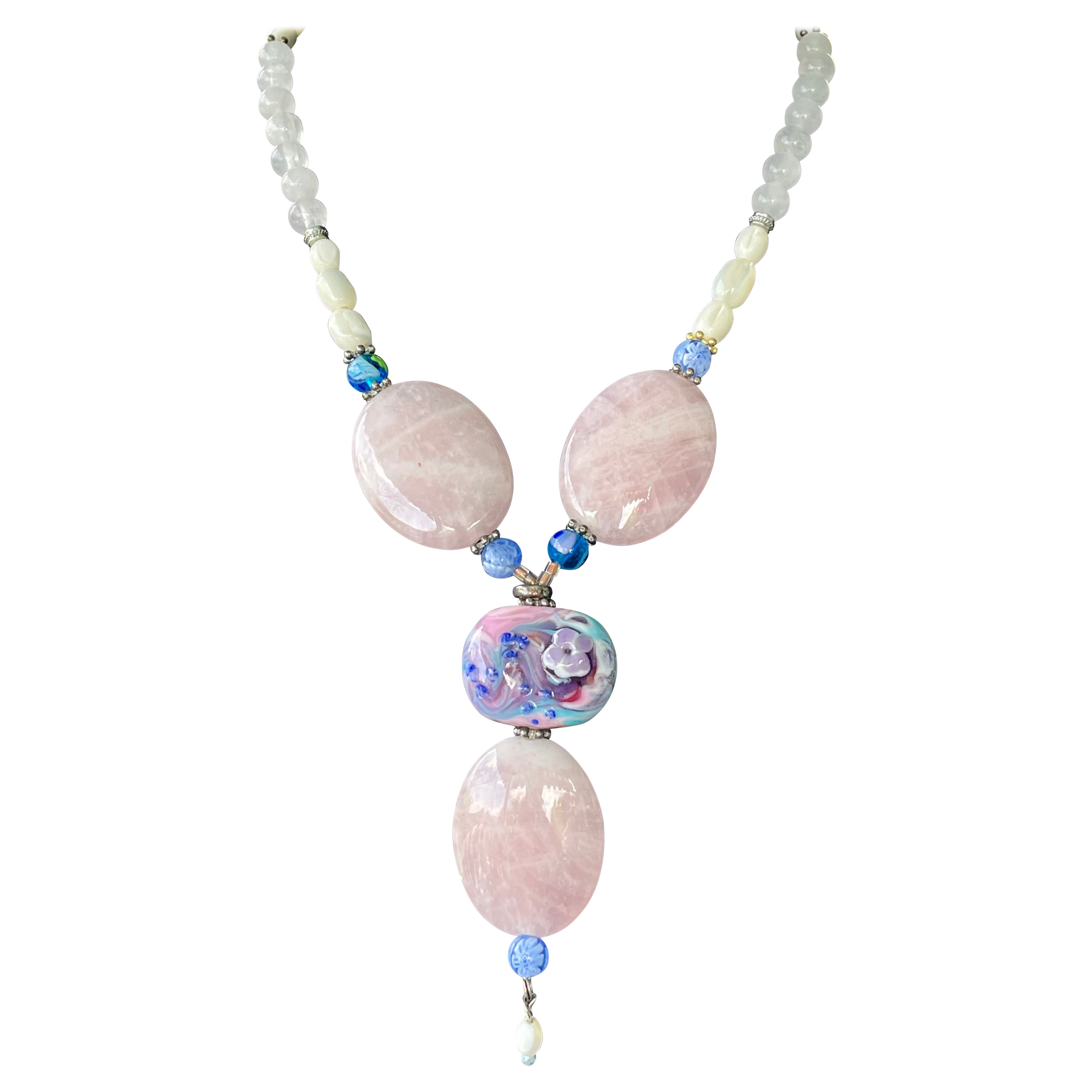 LB offers Rose Quartz Vintage Art Glass Mother of pearl Quartz Venetian necklace