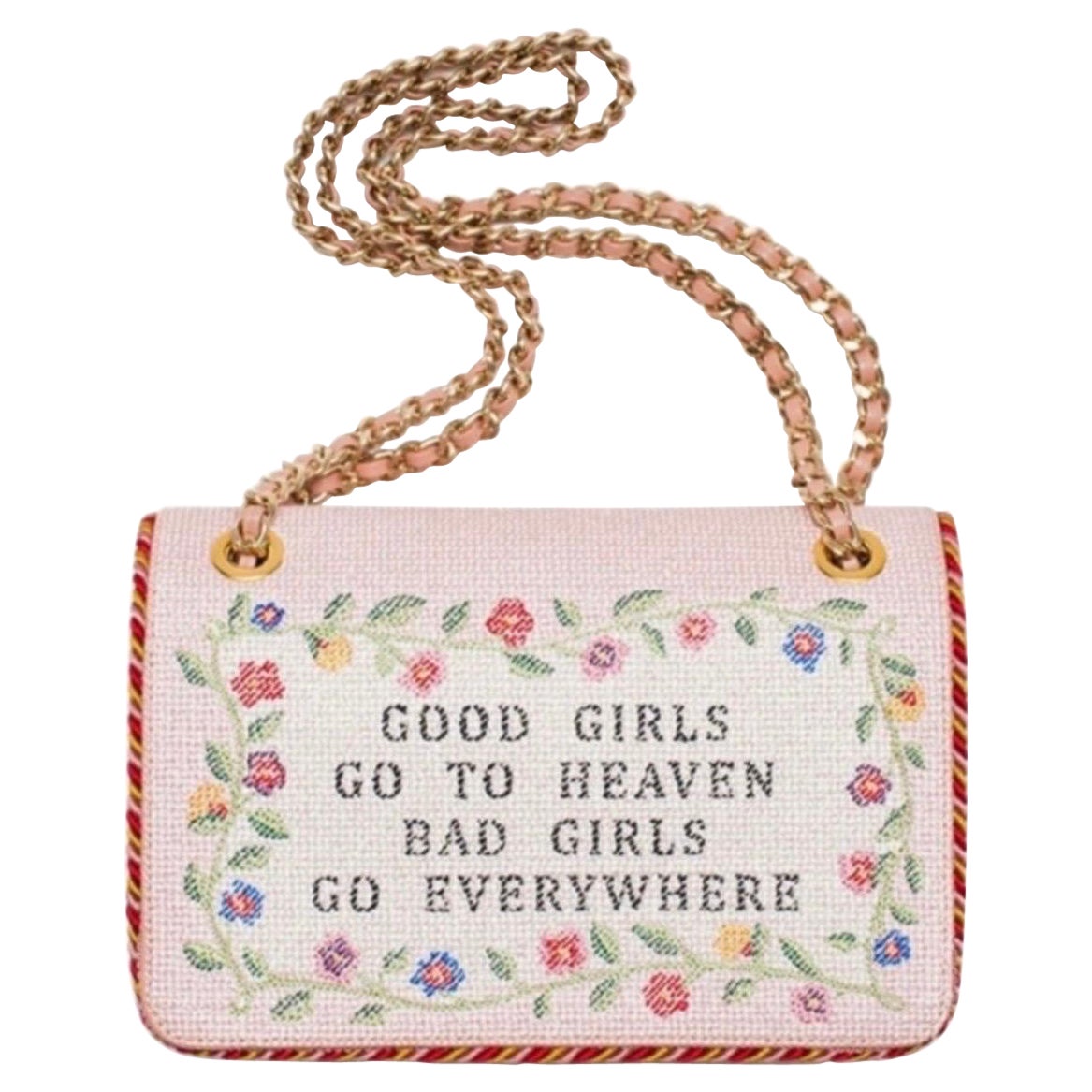 Moschino "Le brave ragazze vanno in paradiso, le cattive ragazze vanno dappertutto", borsa con patta a punta d'ago in vendita