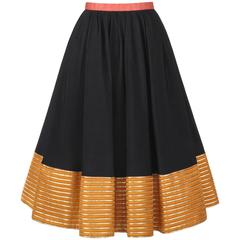 GEOFFREY BEENE c.1970's Black Silk Faille Metallic Gold Detail Skirt 12