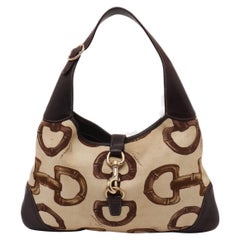 Gucci Jackie Vintage Medium Horsebit Print Cloth and Brown Leather Gold Hardware
