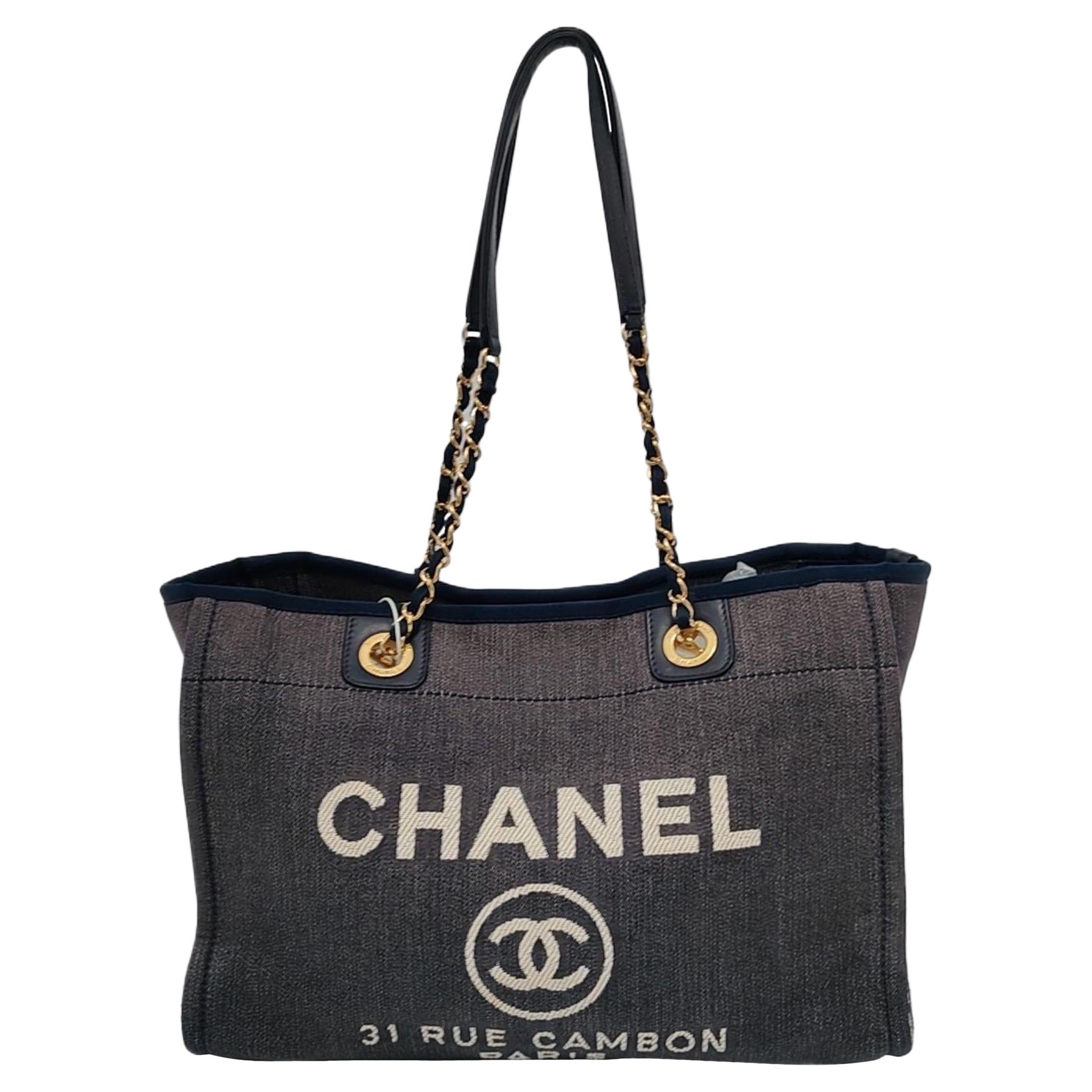 Chanel Deauville Tote Navy Denim Cloth Leather Chain Strap Gold Hardware Medium