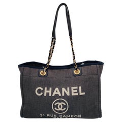 Chanel Deauville Tote Navy Denim Cloth Leather Chain Strap Gold Hardware Medium