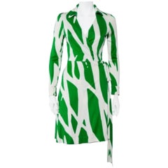Diane Von Furstenberg Beige & Green Printed Silk Knit Collared Mini Wrap Dress L