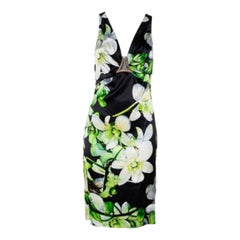 Roberto Cavalli Black Floral Printed Silk Satin Plunging Neck Dress M
