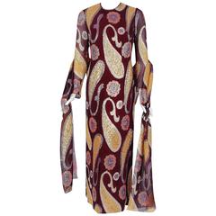 1968 Arnold Scassi Couture Metallic Paisley Motif Silk Long-Sleeve Gown & Shawl 8