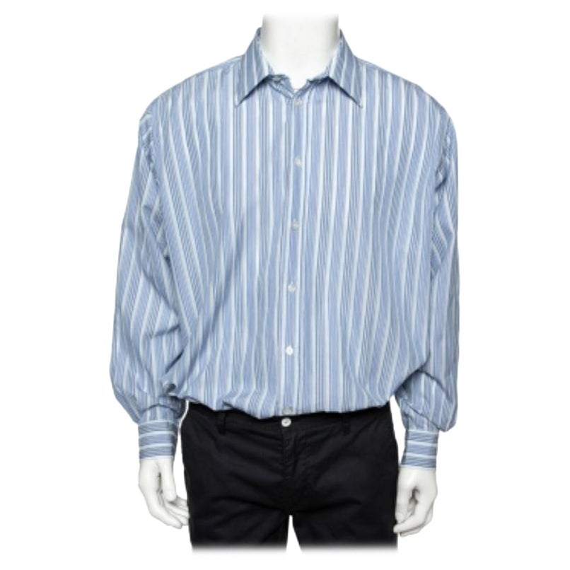 Hermes - Chemise à manches longues en coton rayé bleu 3XL