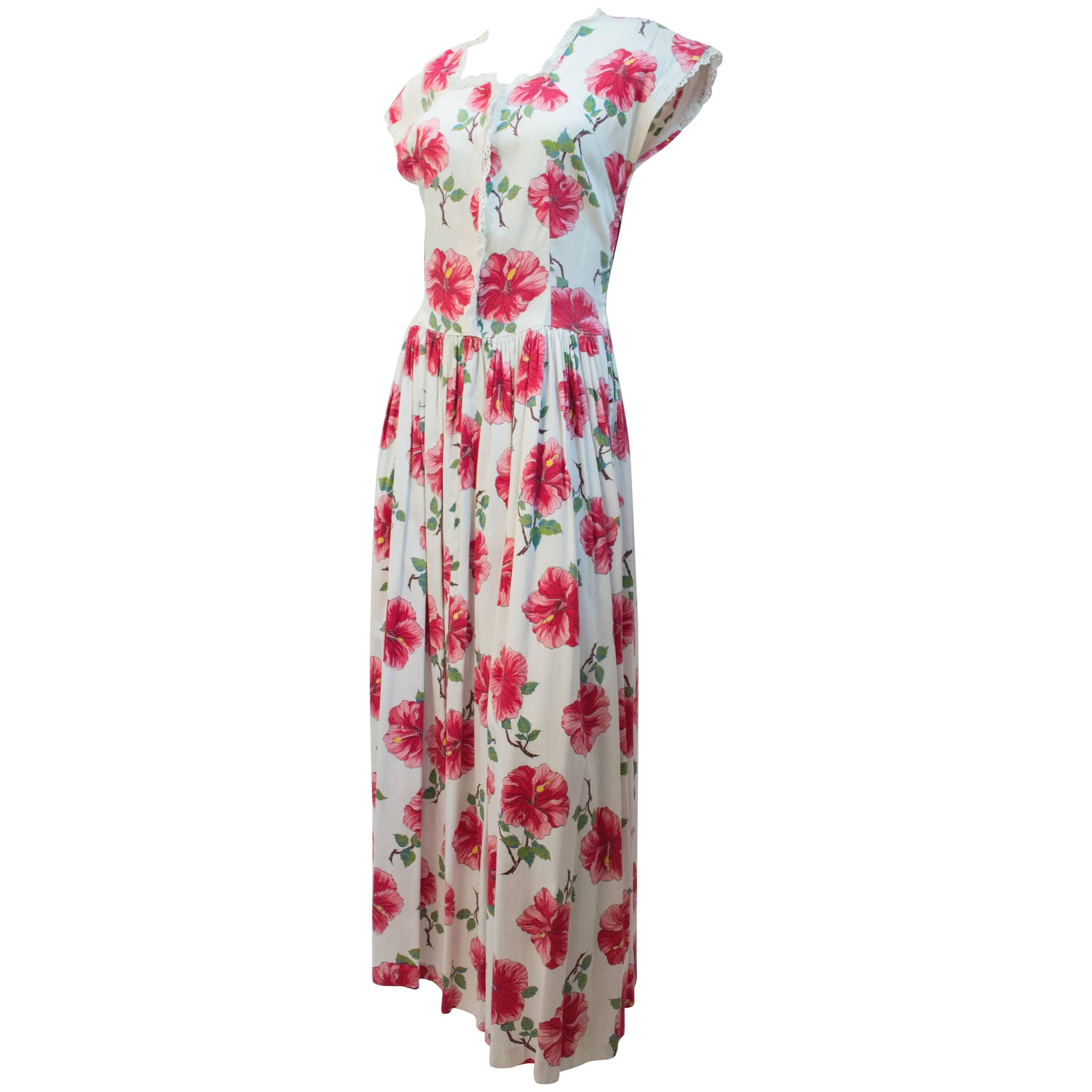 40s Floral Printed Day Dress For Sale