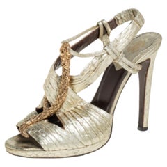 Roberto Cavalli Gold Python Snake Embellished Slingback Sandals Size 38
