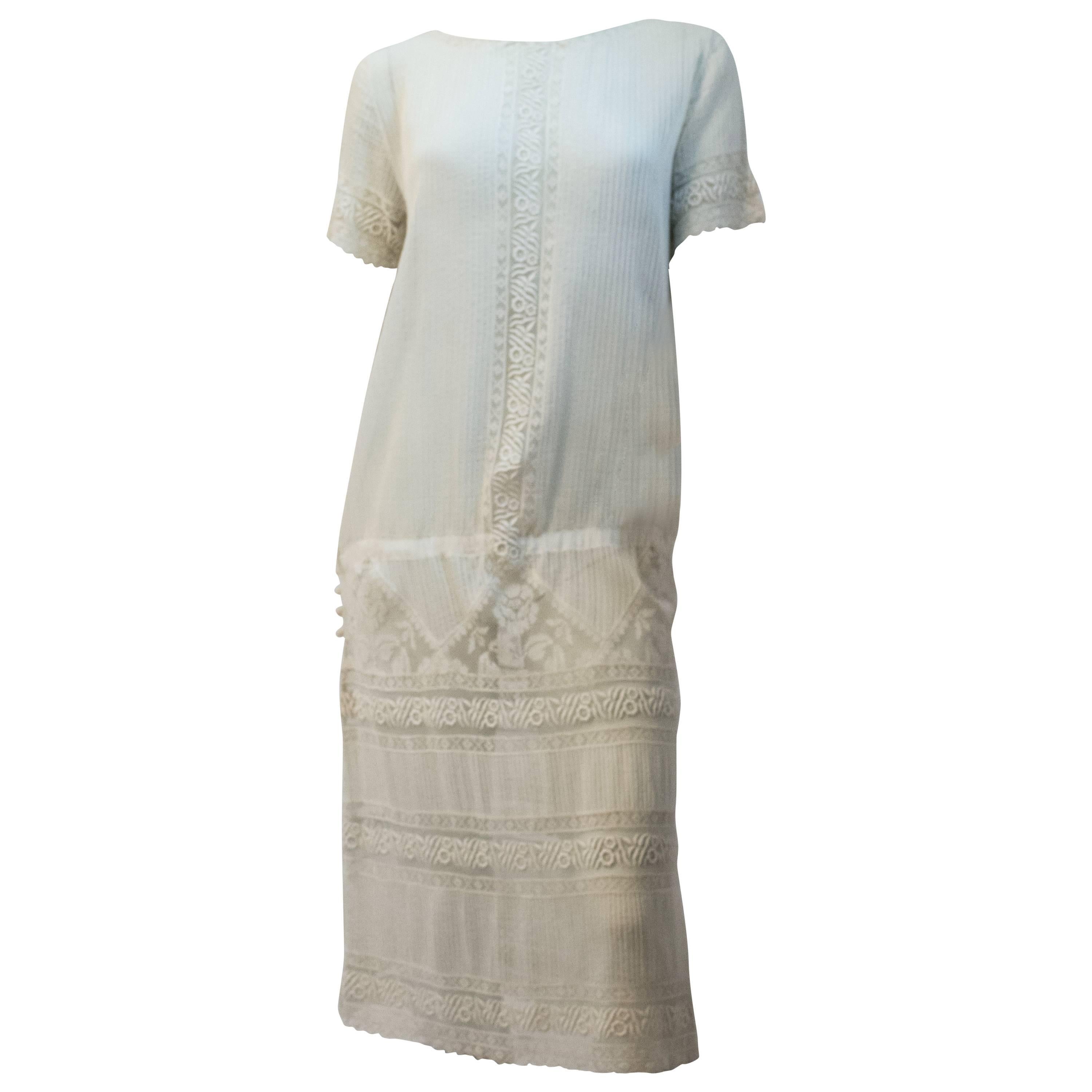20s White Cotton Day Dress w/ Pintucks & Lace For Sale