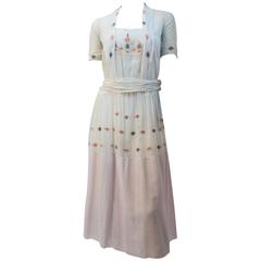 20s White Cotton Day Dress w/ Embroidered Flowers