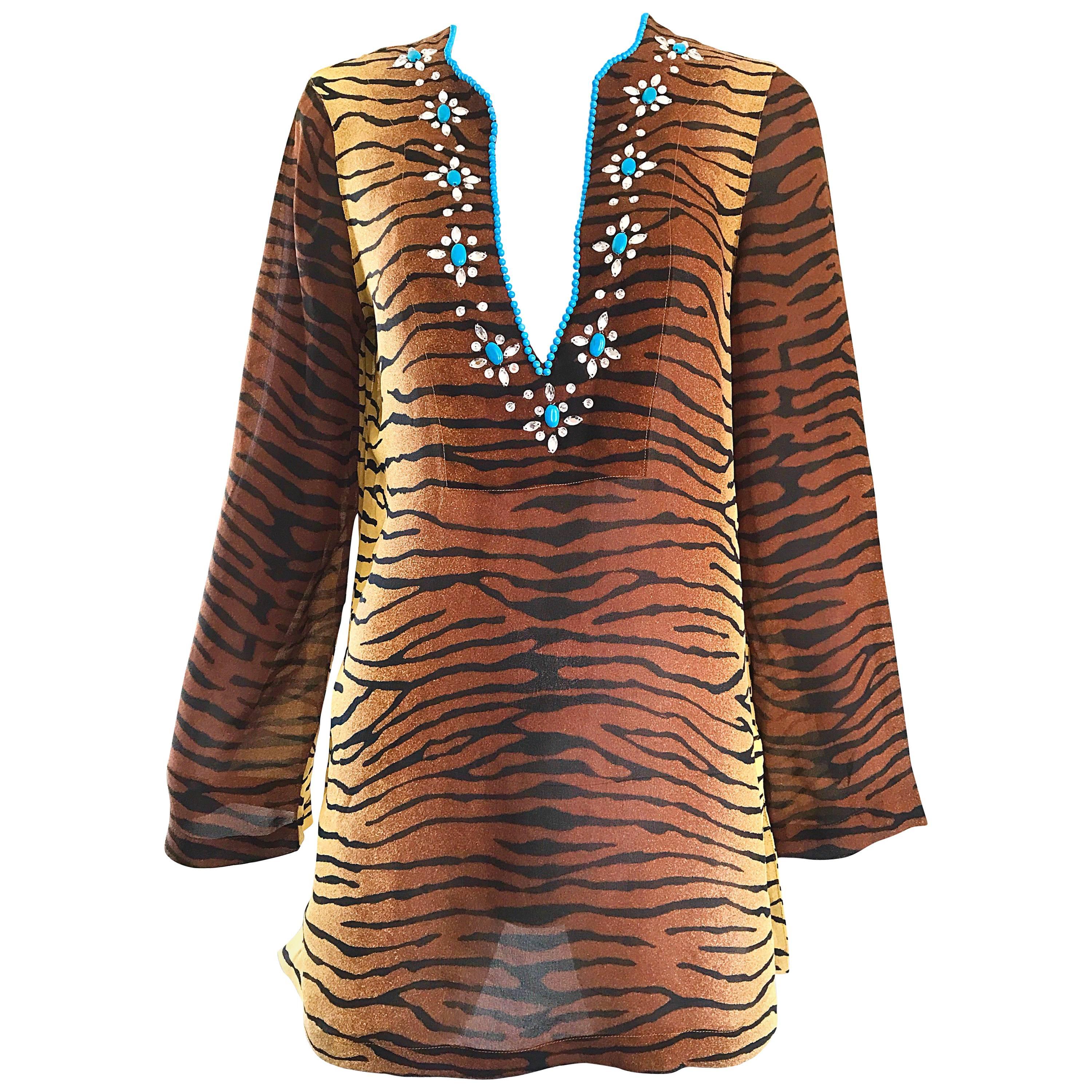 1990s Michael Kors Collection Tiger Zebra Print Beaded Silk Chiffon Tunic Top