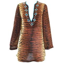 Vintage 1990s Michael Kors Collection Tiger Zebra Print Beaded Silk Chiffon Tunic Top