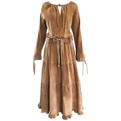 1970s Leather Suede Tan Brown Boho Belted Vintage 70s Long Sleeve Maxi Dress 8 