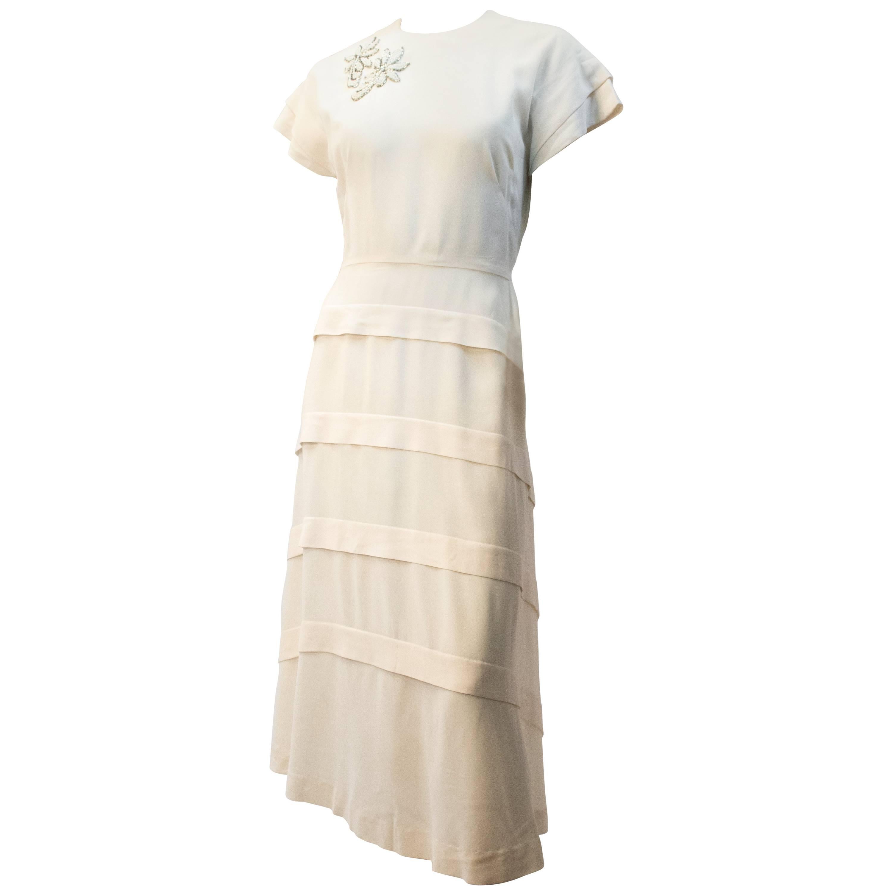 40s White Dress with Hand Beaded Appliqué