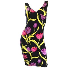 Retro Betsey Johnson Early ' Punk Label ' Tulip Flower Print Bodycon Dress